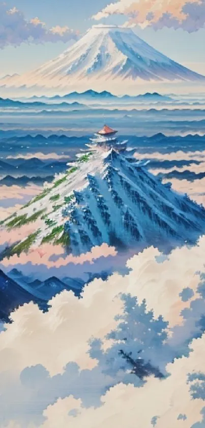 Artistic depiction of a snow-capped mountain with clouds.