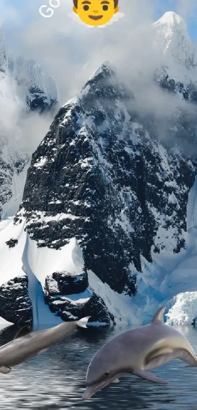 Majestic mountains with dolphins and serene sky.