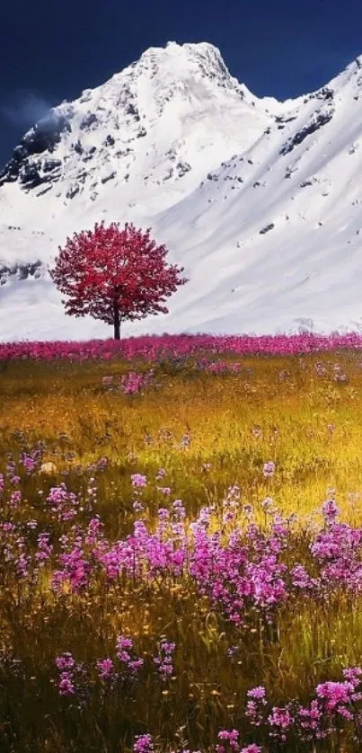 Snow-capped mountain with pink flower field.