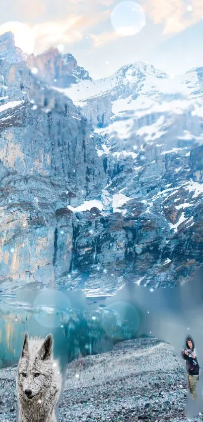 Snowy mountain and fox with serene blue tones.