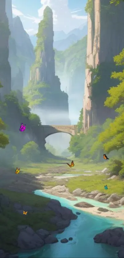 Serene valley landscape with butterflies and a river.