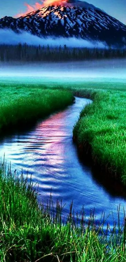 Serene mountain and green landscape with stream.