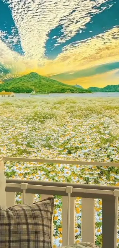 Mountain view from a flower-filled balcony during sunset.