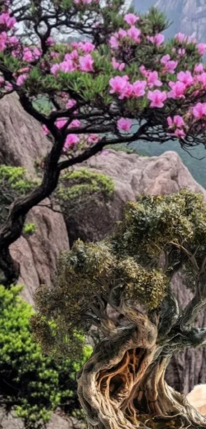 Serene mountain landscape with pink blossoms and ancient trees.
