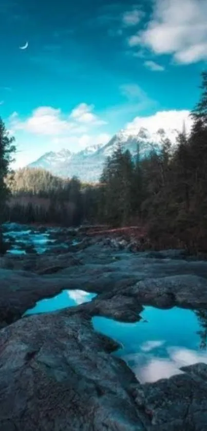 Serene blue mountain landscape with forest reflection.