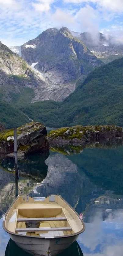 Serene lake with boat and mountains in stunning wallpaper.