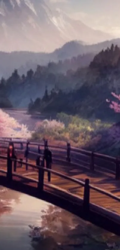 Serene mountain landscape with wooden bridge and cherry blossoms.