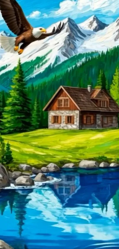 A scenic wallpaper of a cabin, lake, mountains, and a soaring eagle.