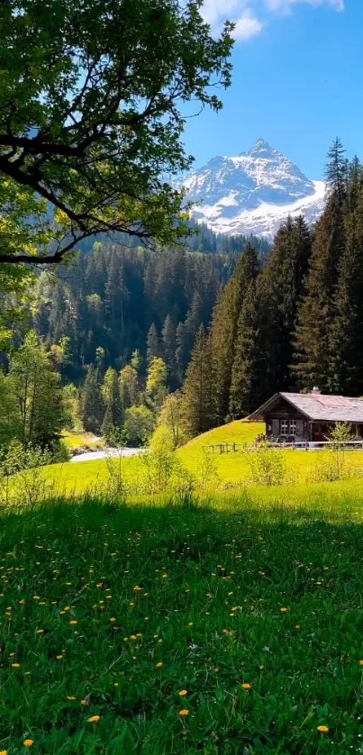 Serene mountain landscape with cabin and lush greenery.