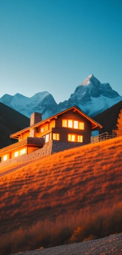 Serene mountain cabin at sunset with vibrant orange glow.