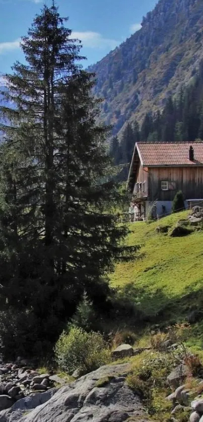 Mountain cabin in lush landscape with trees.