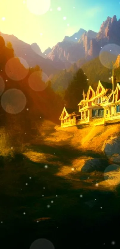 Digital artwork of mountain cabins with a sunset glow and bokeh lights.