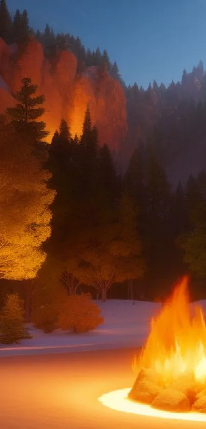 A calming mountain scene with a campfire in a forest setting at night.