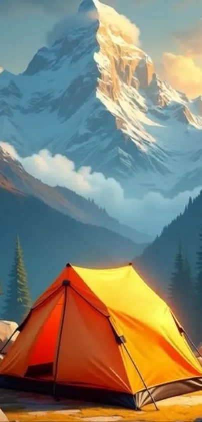 A vibrant orange tent set against a snowy mountain backdrop under a serene sky.