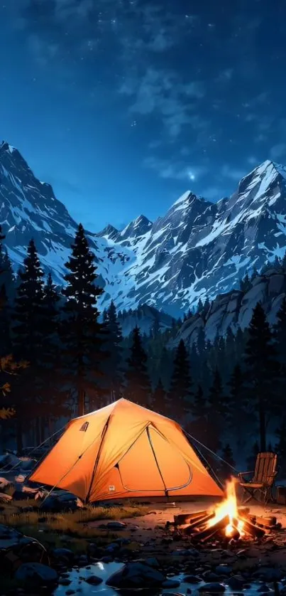 Mountain campsite with tent and campfire under a starry sky.