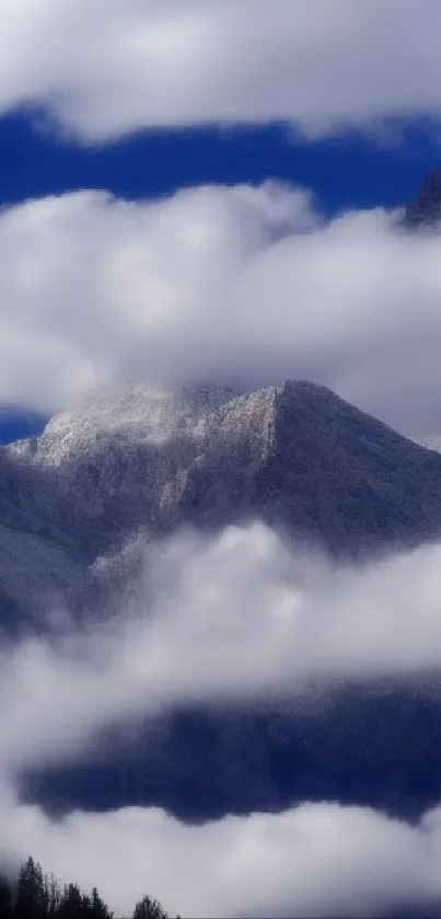 Mountain peaks surrounded by soft clouds under a vivid blue sky.