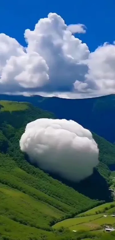 Scenic mountain valley with lush greenery and dramatic clouds.