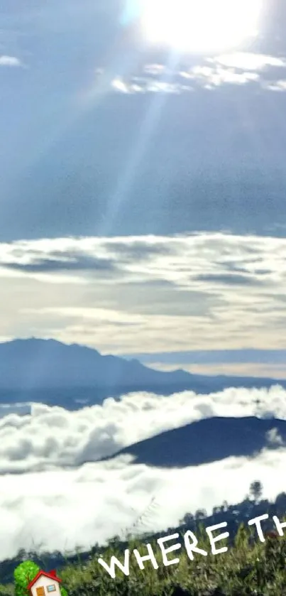 Serene mountain view with clouds and sunlit sky.