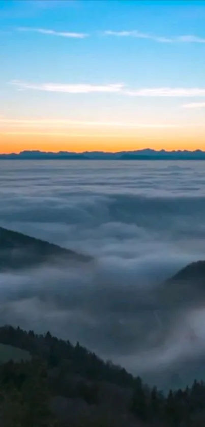 Serene mountain scene with clouds and sunrise view on mobile wallpaper.