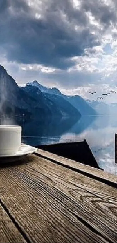 Steaming coffee cup with mountain and lake view.