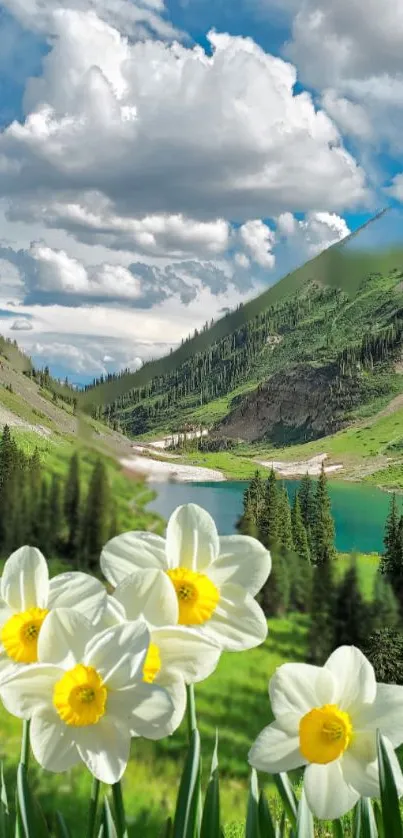 Serene landscape with mountains, daffodils, and a lake under a cloudy sky.