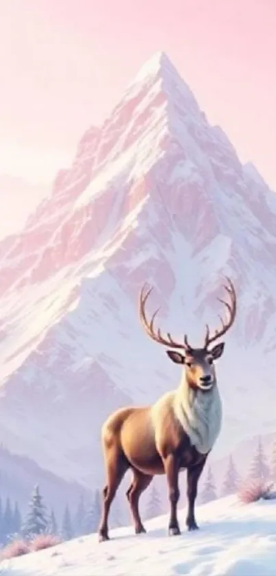 Majestic deer standing in snowy mountain landscape with pastel colors.