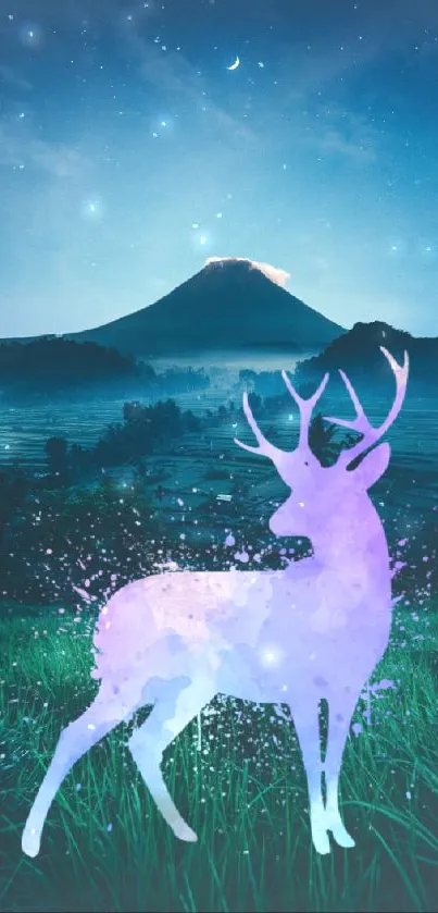 Mystical deer with a mountain backdrop under a starry night sky.