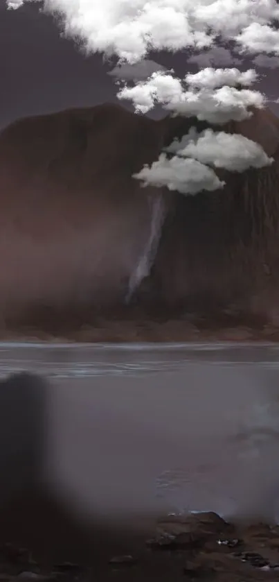 Serene evening mountain with clouds over lake.