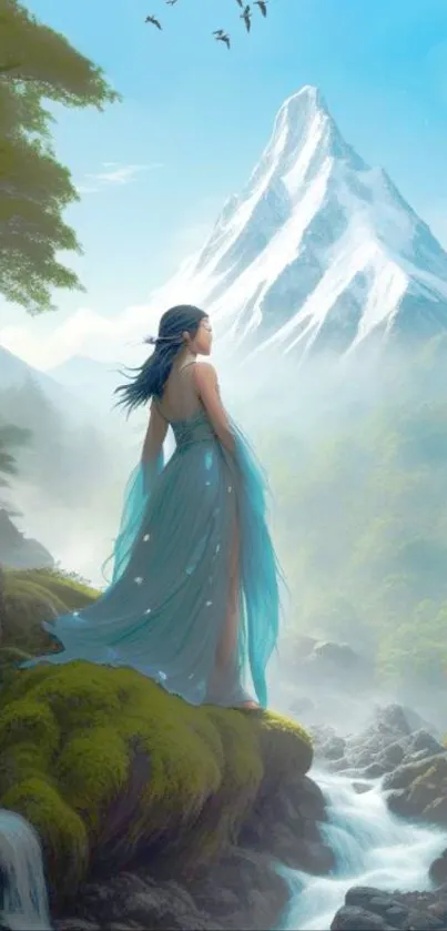 Woman in blue dress standing by mountain waterfall under clear sky.