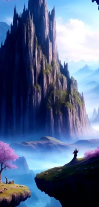 Fantasy wallpaper with mountains and cherry blossoms in vibrant colors.