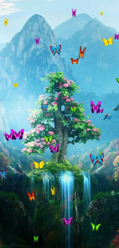 Fantasy mountain landscape with tree, waterfalls, and vibrant colors.