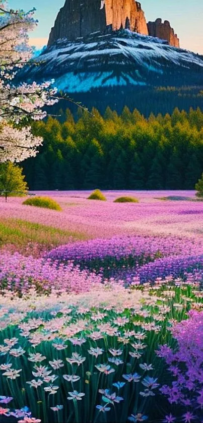 Serene mountain landscape with vibrant purple flowers and a distant peak.