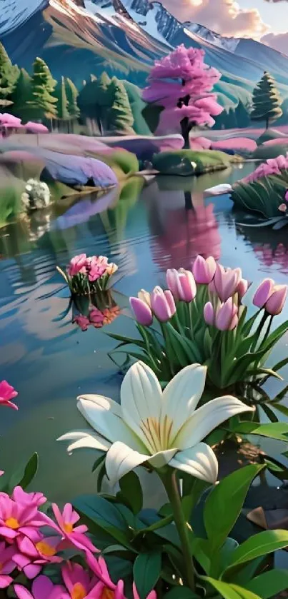 Wallpaper of serene mountain landscape with vibrant flowers and calm lake.