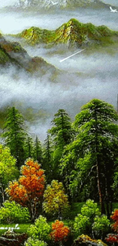 Serene mountain landscape with fog and colorful trees