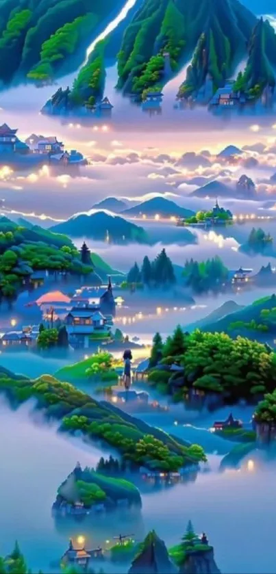 Serene mountain landscape with mist and warm lights.