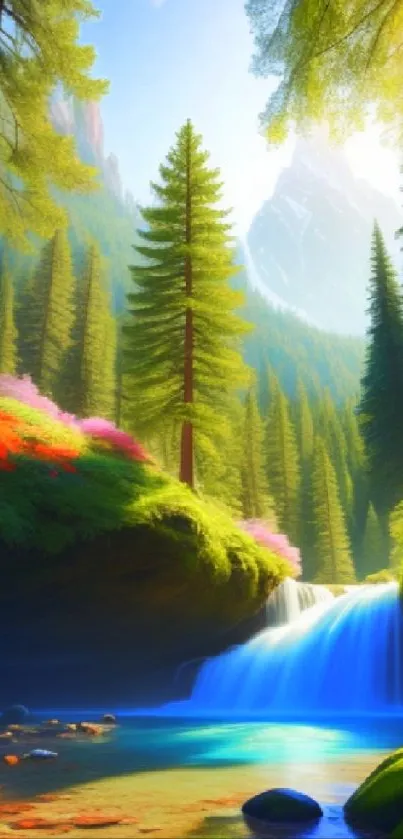 Vibrant waterfall in a sunlit mountain forest with lush greenery.