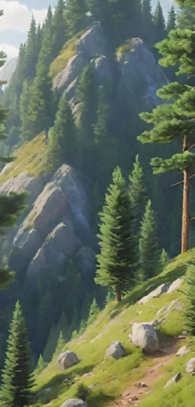 Serene mountain forest landscape wallpaper for mobile.