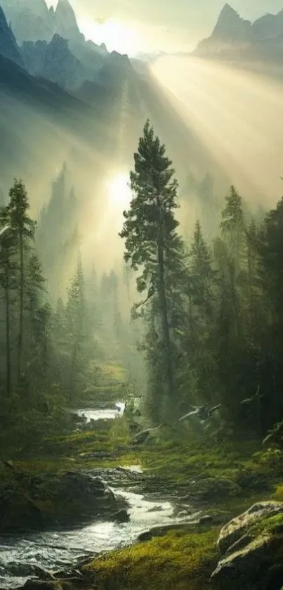 Serene mountain forest with sunlight streaming through trees.