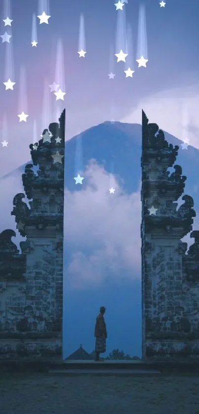 A breathtaking view through a stone gateway with a mountain backdrop.