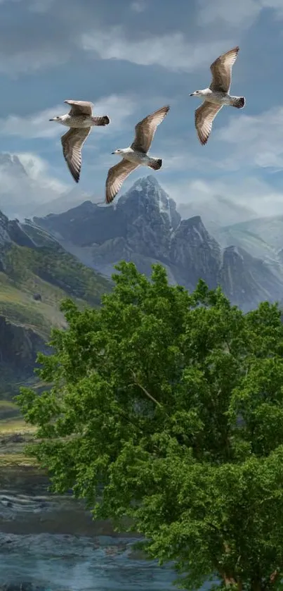 Geese flying over lush green mountains with a vibrant tree in foreground.