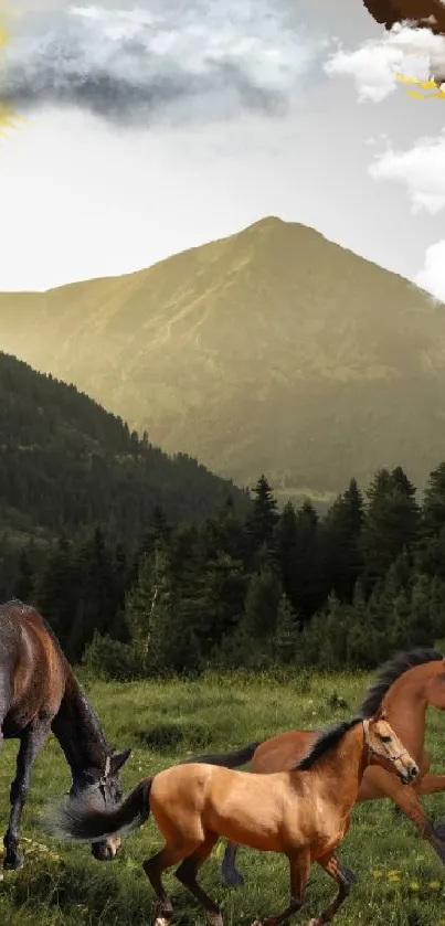 Horses graze in a lush meadow beneath a majestic mountain and an eagle flies overhead.