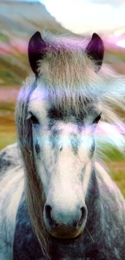 Majestic horse stands calmly in front of mountain landscape.