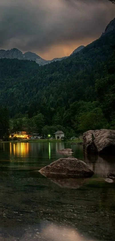 Mountain lake at dusk with serene reflections.