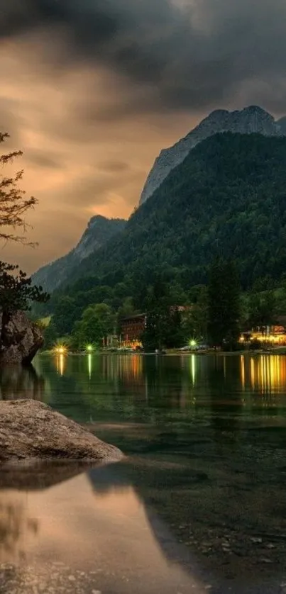 Serene mountain lake scene with dusk reflections and dramatic clouds.