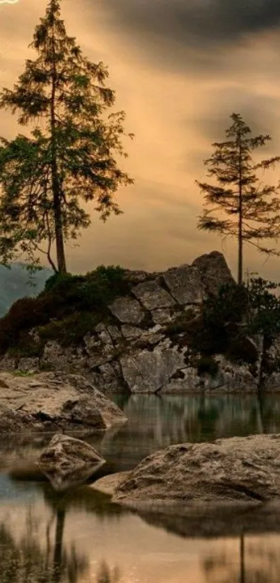 Serene mountain lake wallpaper, sunset with dramatic clouds and reflection.