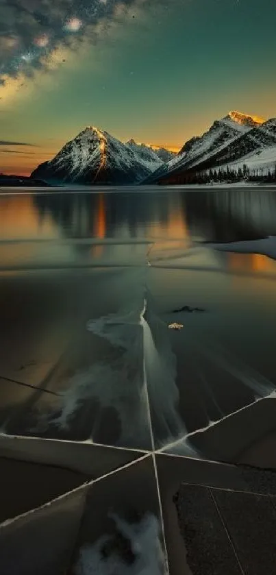 Serene mountain lake at sunset with starry sky and reflections.