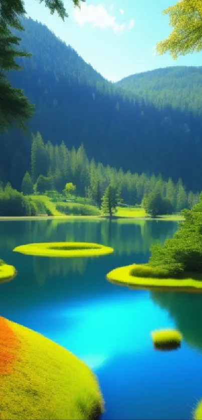 Serene lake with vibrant colors and lush forest background.