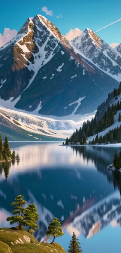 Serene mountain landscape with lake reflection and snow-capped peaks.