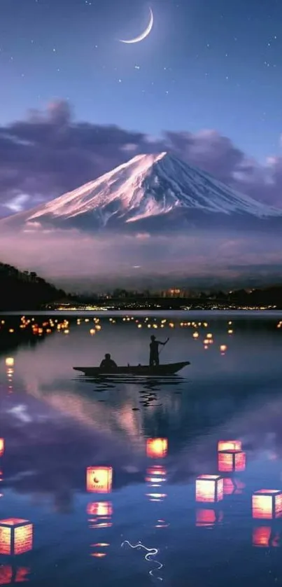 Mountain lake at night with lanterns and a starry sky.