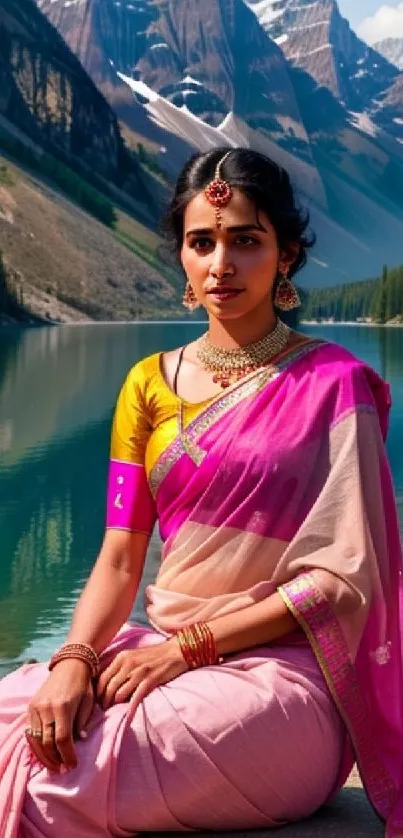 Woman in pink sari by a serene mountain lake with snow-capped peaks in the background.